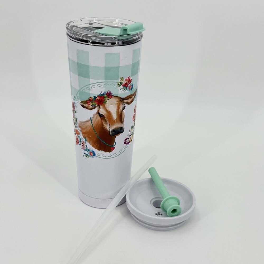 The Pioneer Woman 24 oz Insulated Stainless Cow Floral Tumbler w/Lid Scuffed